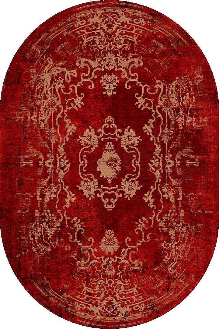 Vintage Desenli Yıkanabilir Pamuk Taban Dekoratif Oval Halı Kırmızı - 2